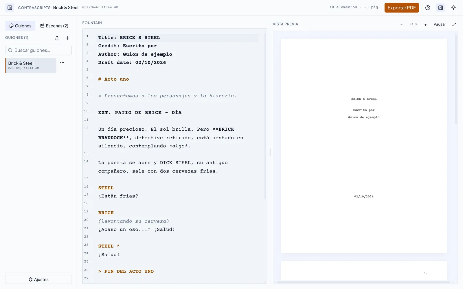 Editor de Contrascripts mostrando un guion Fountain a la izquierda y su previsualización PDF paginada a la derecha.